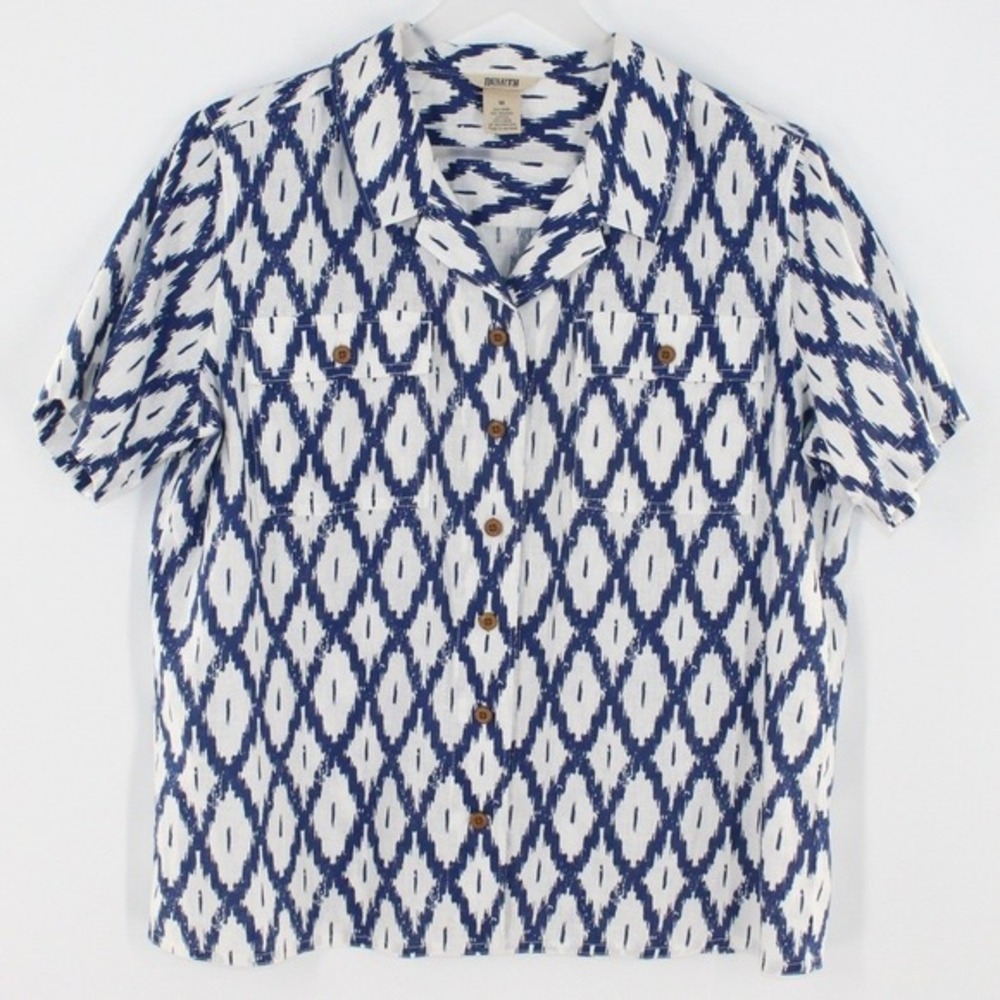 Duluth Trading Button Up Shirt Ikat Diamond Pattern Medium‎ Blue White
